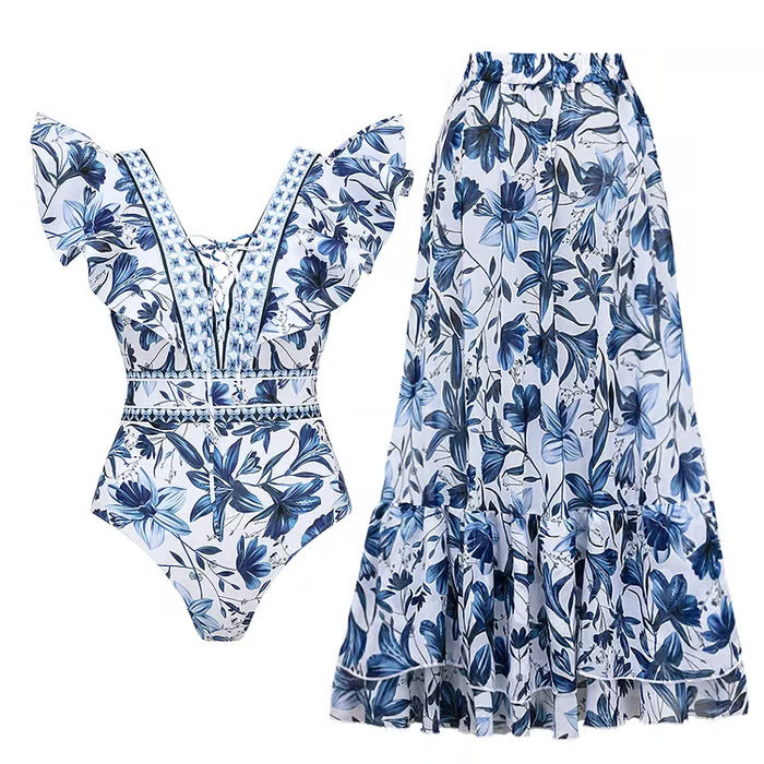 Rucy - Traje de baño de dos piezas con estampado de encaje y volantes